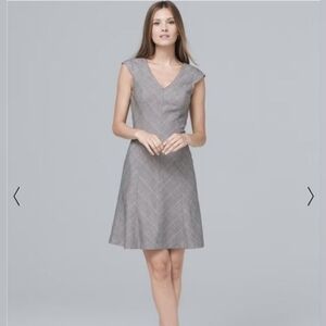 WHBM 00 Emilya Black w Cabernet Cap Sleeve Fit Flare A-Line Houndstooth Plaid